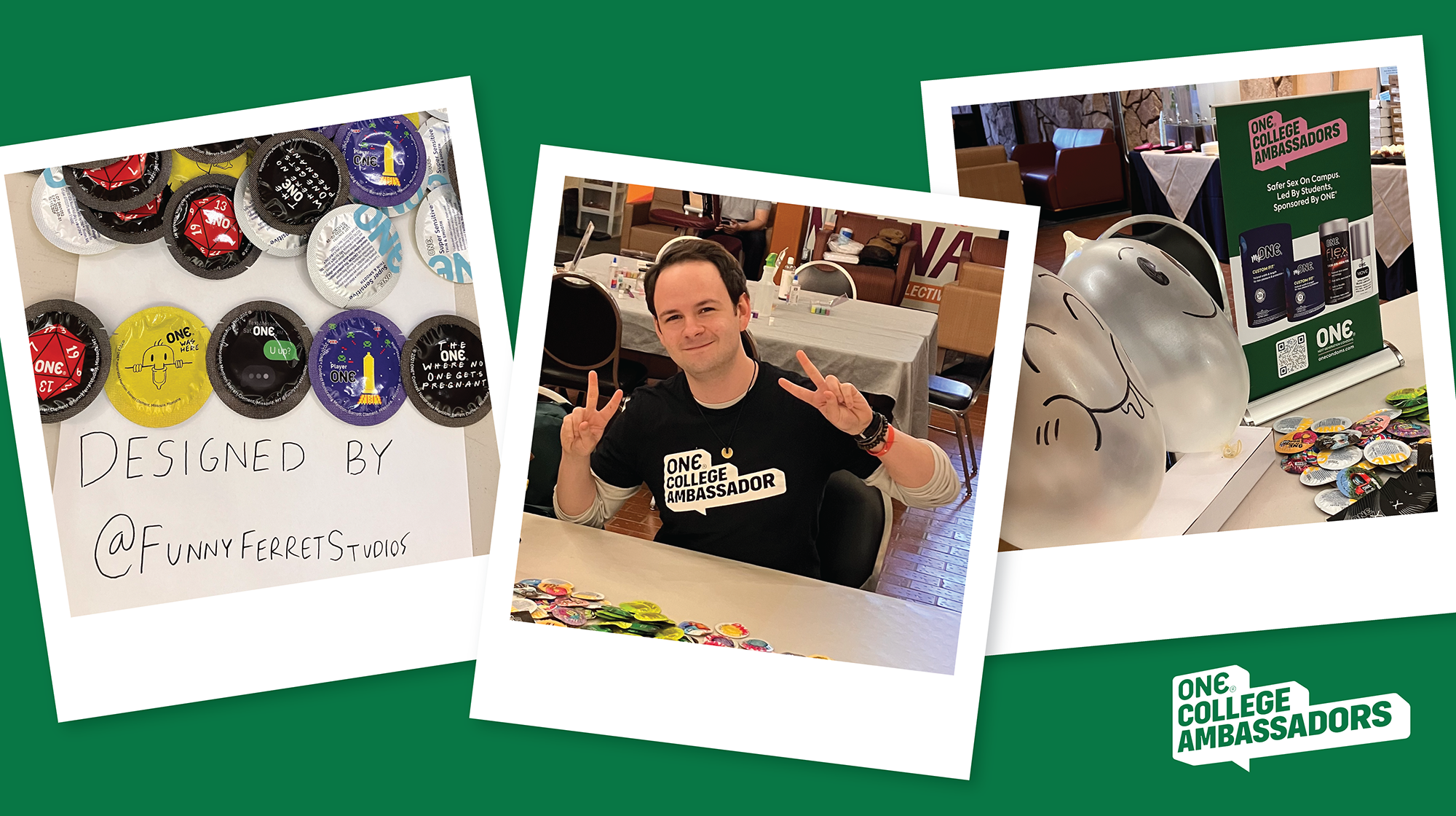 Three snapshot-style photos of ONE® College Ambassador Barrett Clement arranged on a dark green background with the ONE® College Ambassador logo displayed in the bottom left corner.