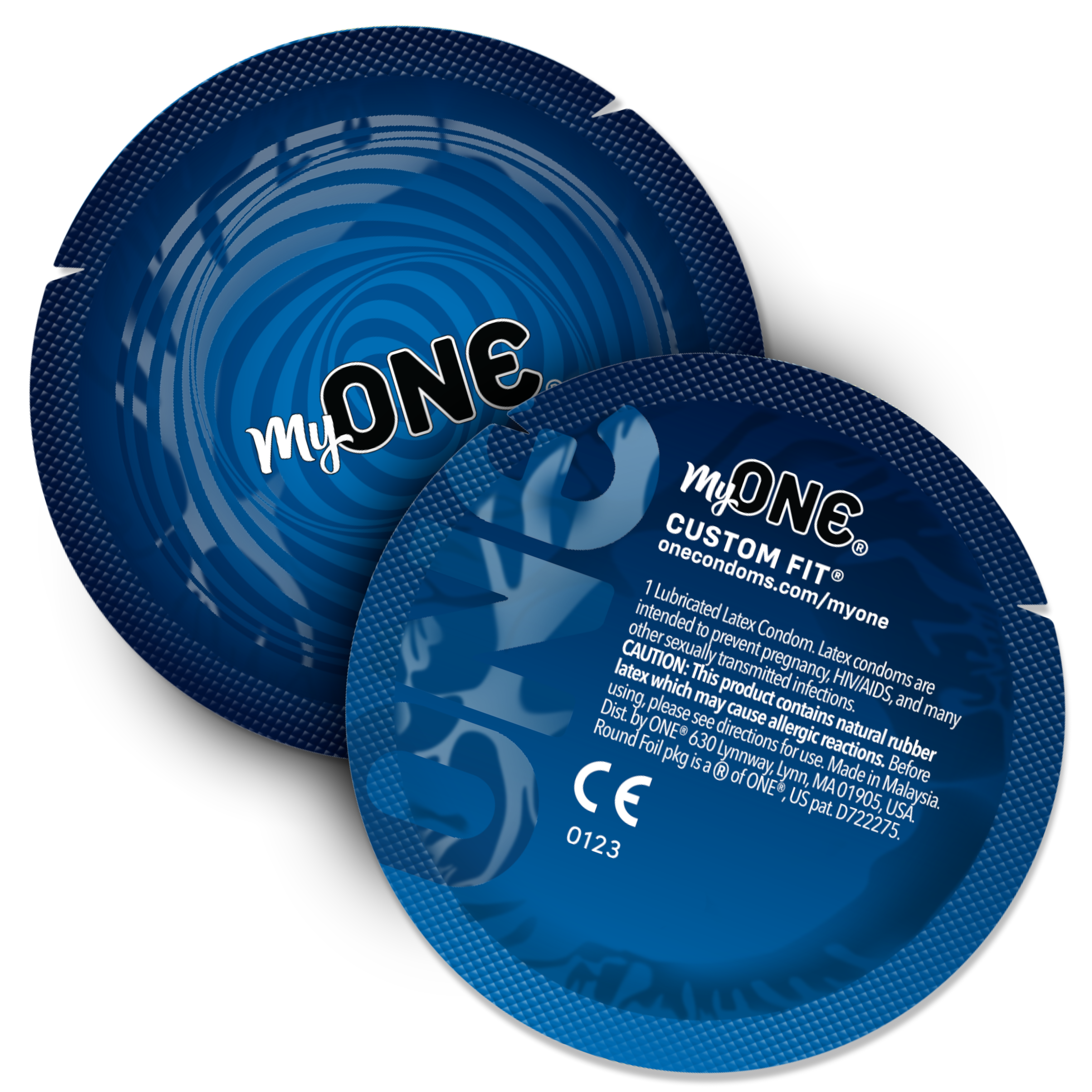 Two blue My ONE custom fit condoms on a white background