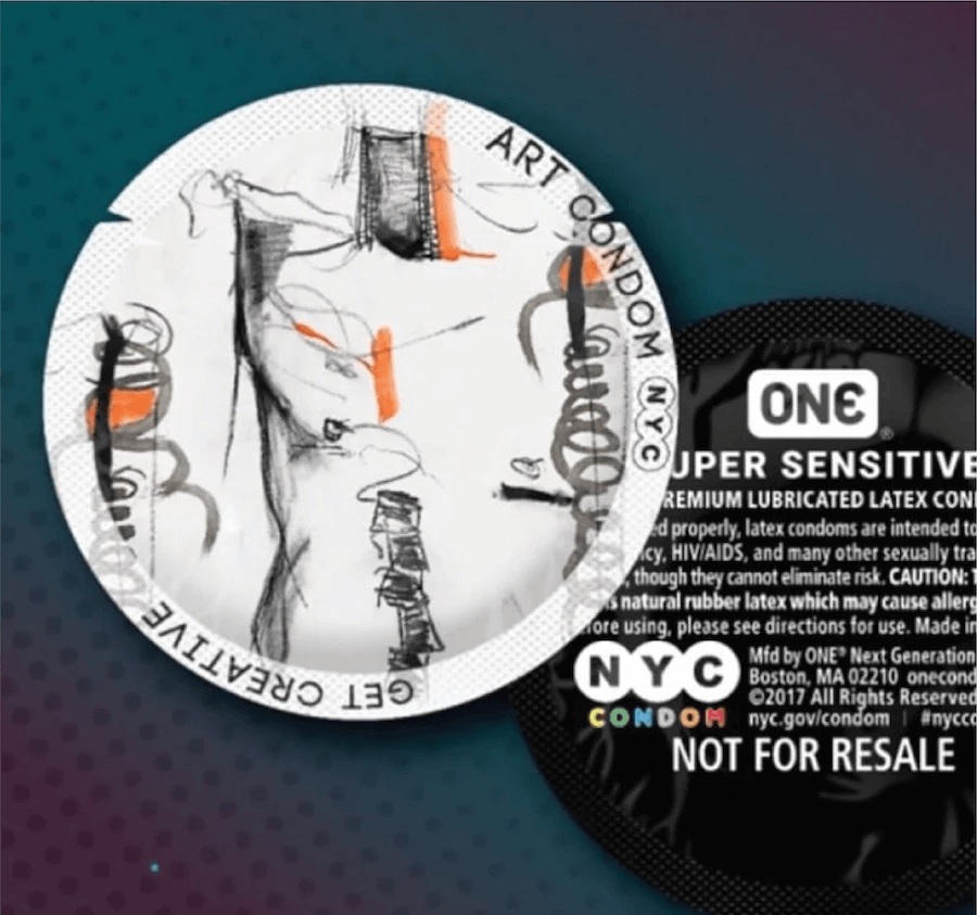 Condom package with artistic design and branding on a gradient background