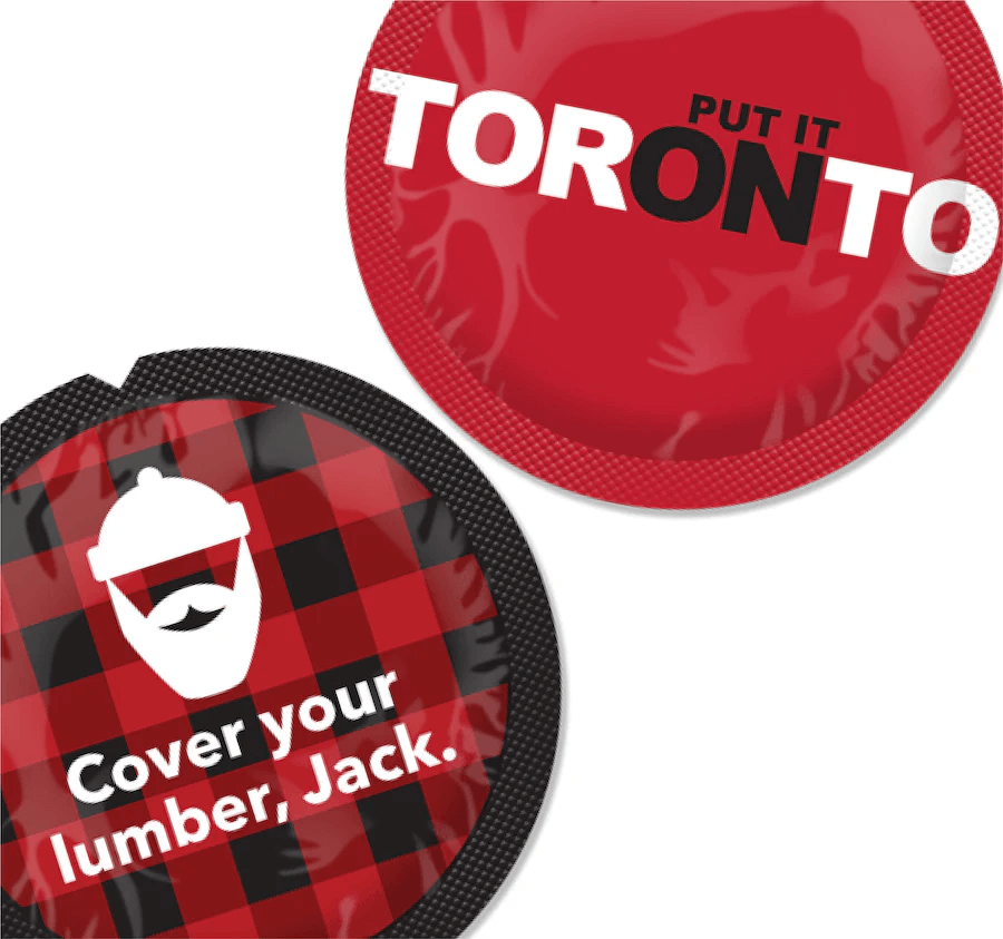 Two red and black containers with text and a logo on a white background