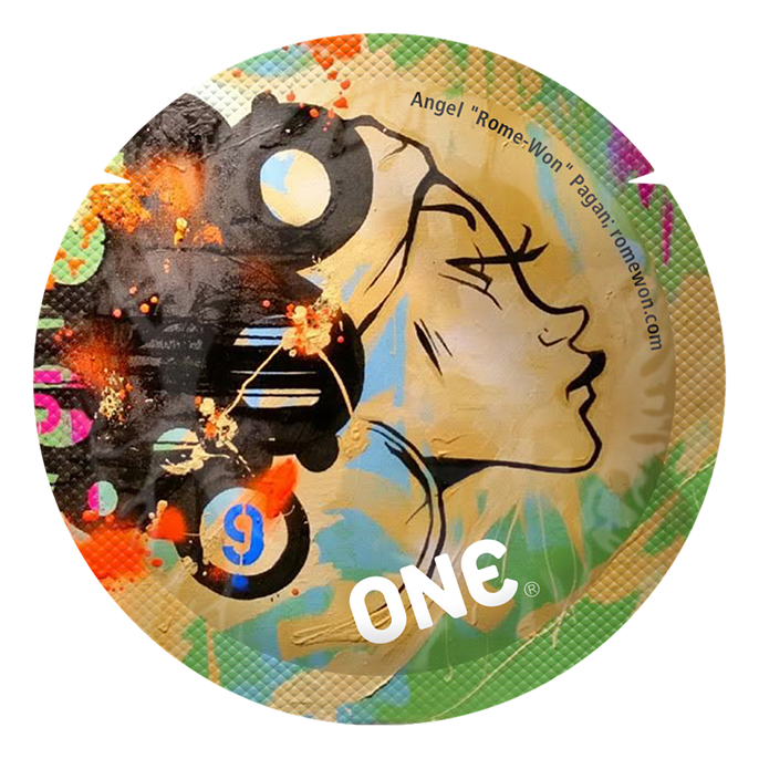 Decorative circular object with artistic design and 'ONE' branding