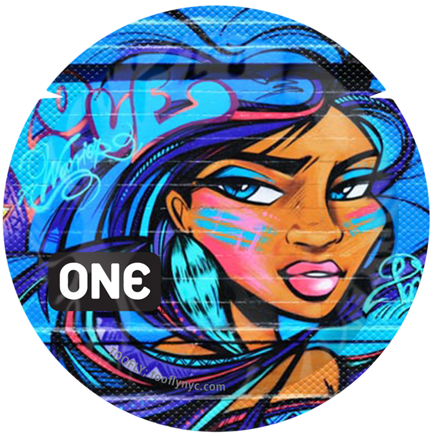 Colorful mural of a woman's face with abstract designs and 'ONE' branding.