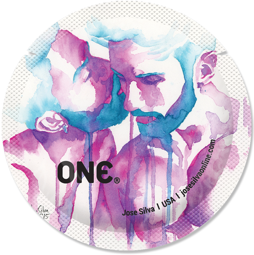 Round product with colorful abstract design and 'ONE' branding