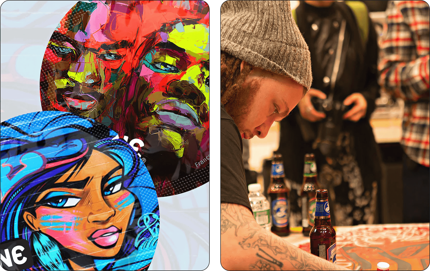 Two artistic portraits of a woman and a man, with a person at a table with bottles in the background.