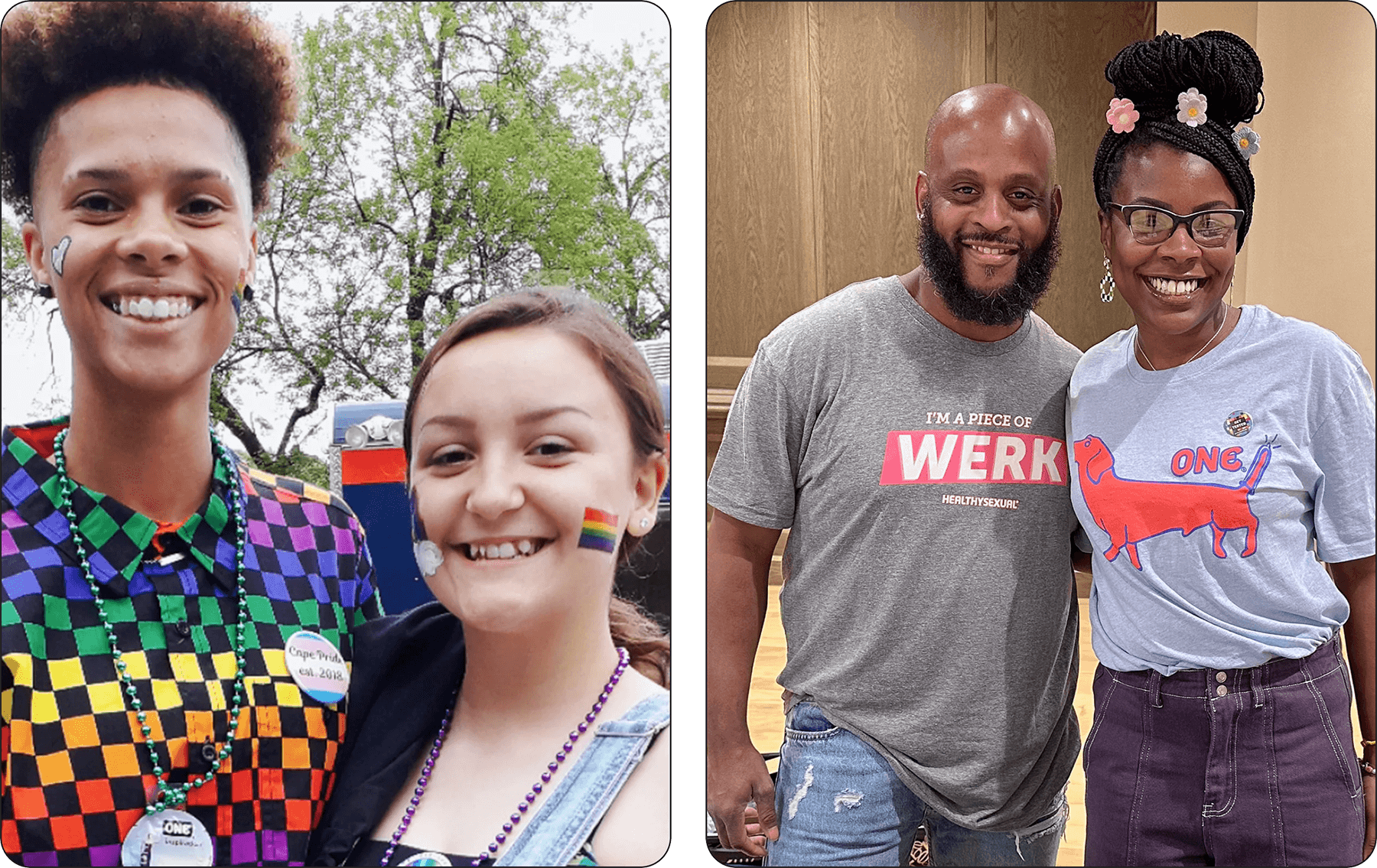 Two people wearing colorful shirts with rainbow accents, and two people wearing gray and white shirts with text and graphics.
