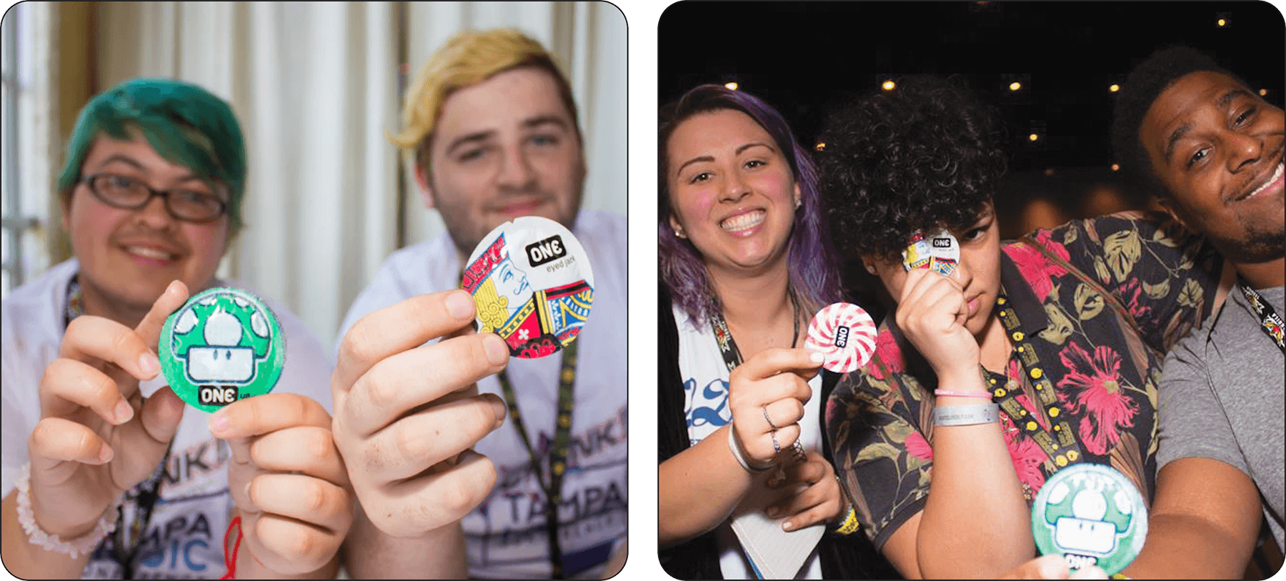 Two people holding colorful buttons with logos, one person with a badge, and another person with a badge in a different setting.