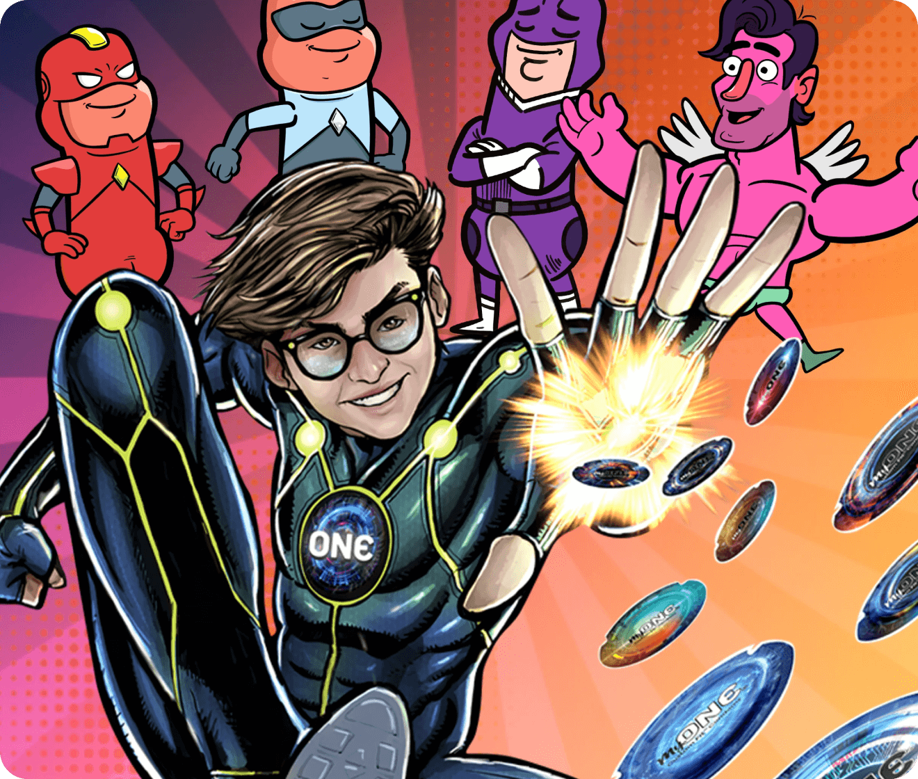 cartoon boy with one condom logo on this superhero costume