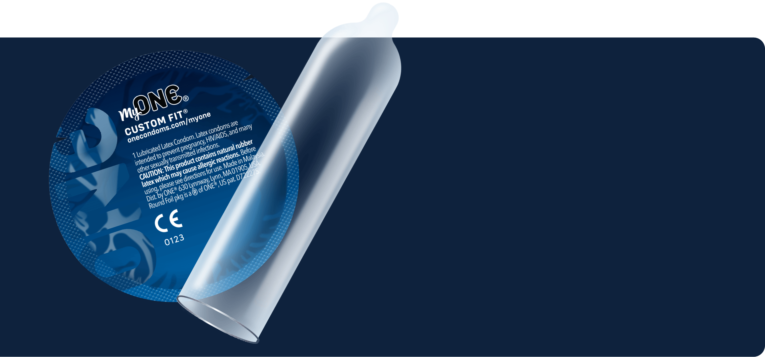 Clear container with blue label on a dark blue background