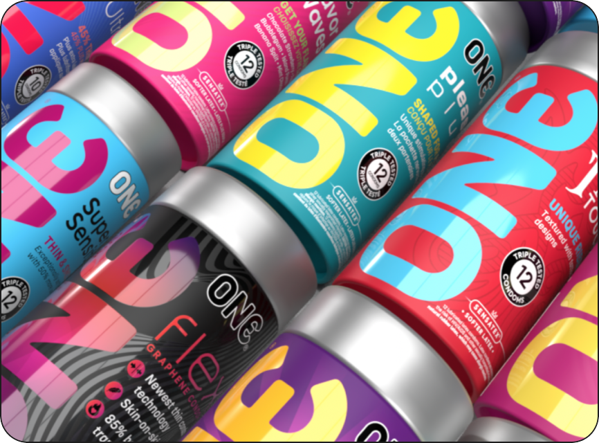 Collection of colorful 'ONE' brand products with vibrant packaging.
