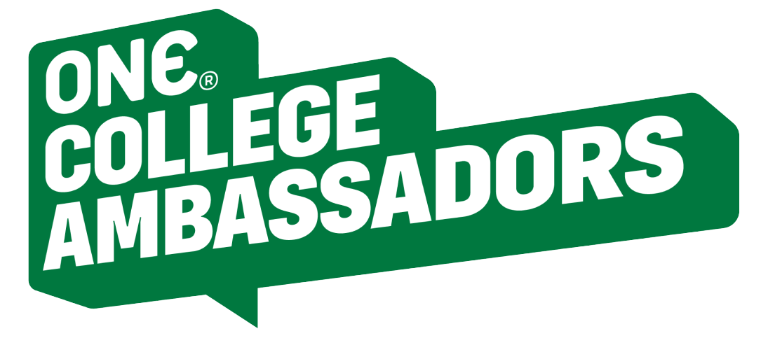 Green and white logo for One College Ambassadors on a black background