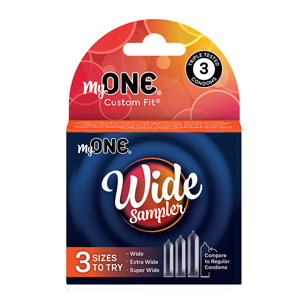 My ONE Wide Sampler packaging with three sizes of condoms on a black background