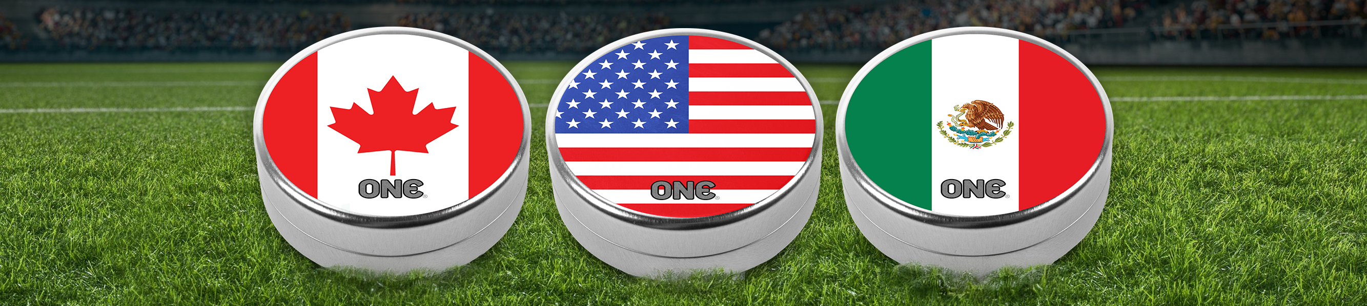 Banner showing off FIFA World Cup 2026 ONE® Condoms Carrying Cases with host country flags USA, Canada, and Mexico.