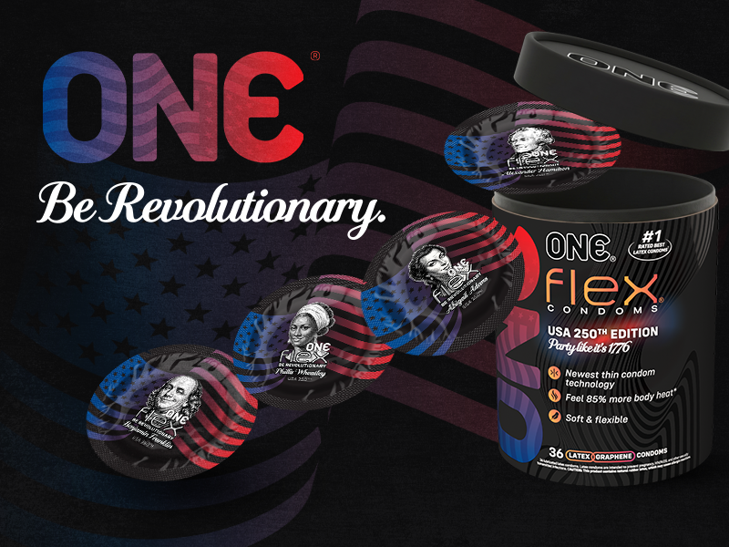 Blog banner for When Were Condoms Invented? The History of Condoms. Image of America 250 Flex Condoms with tagline Be Revolutionary.