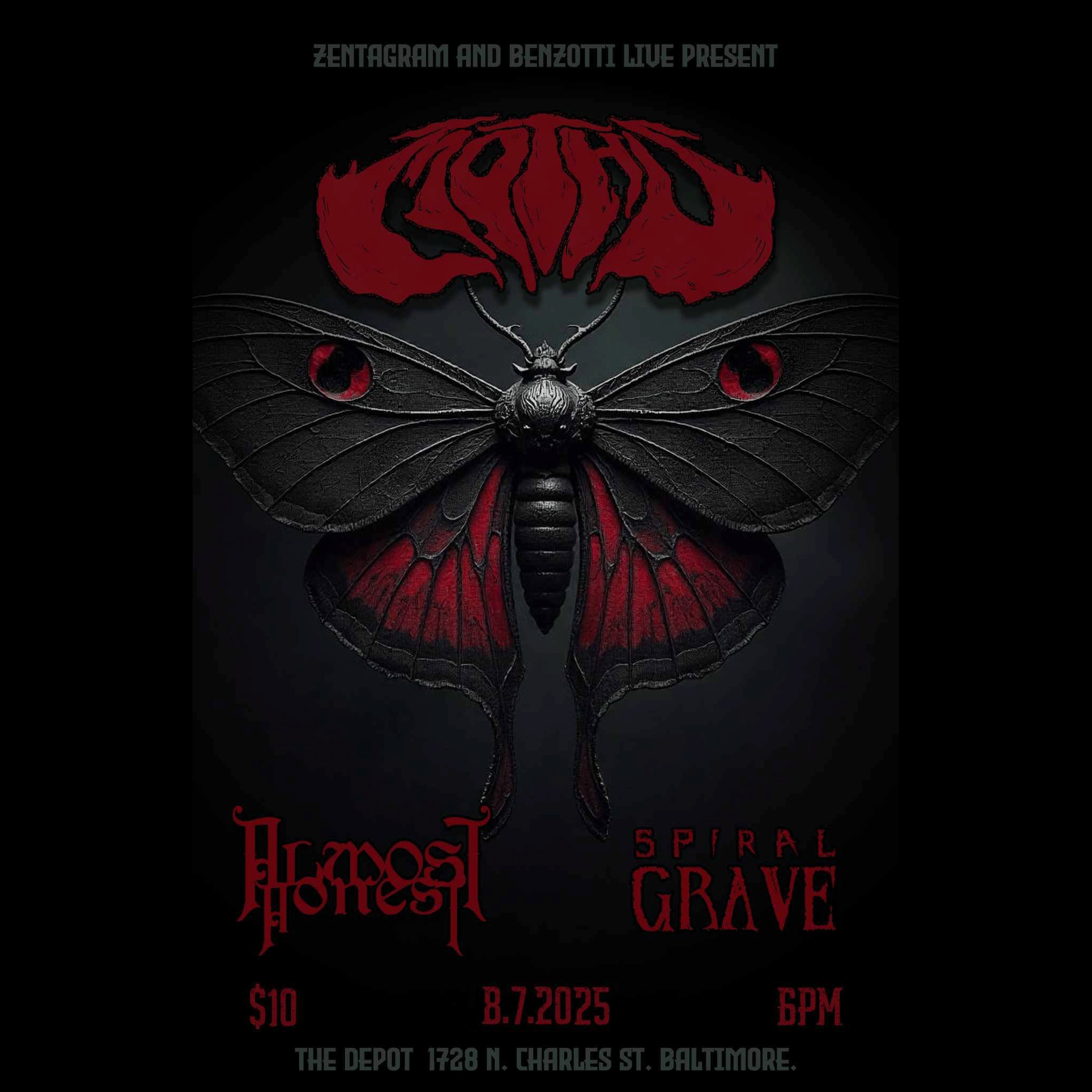 Gothic-style poster with a red and black butterfly design, event details, and venue information.