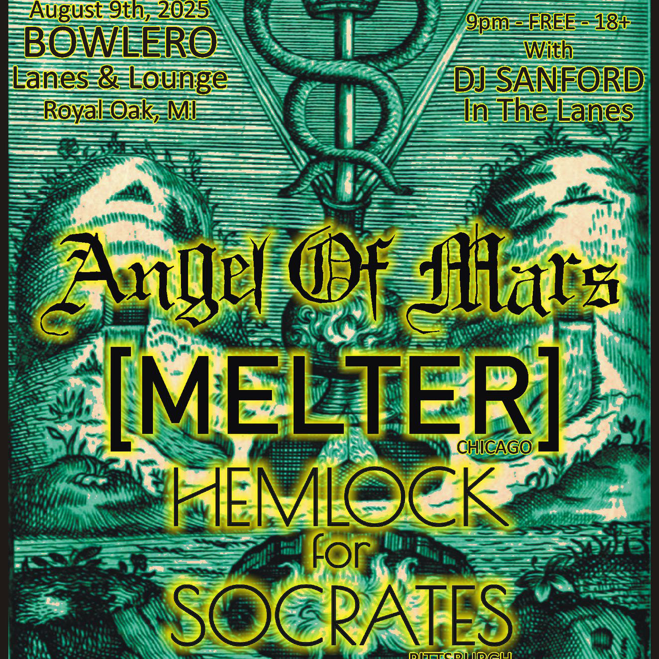 Promotional poster for a music event featuring 'Angel of Mars', 'Melter', and 'Hemlock for Socrates' at BOWLERO Lanes & Lounge in Royal Oak, MI.