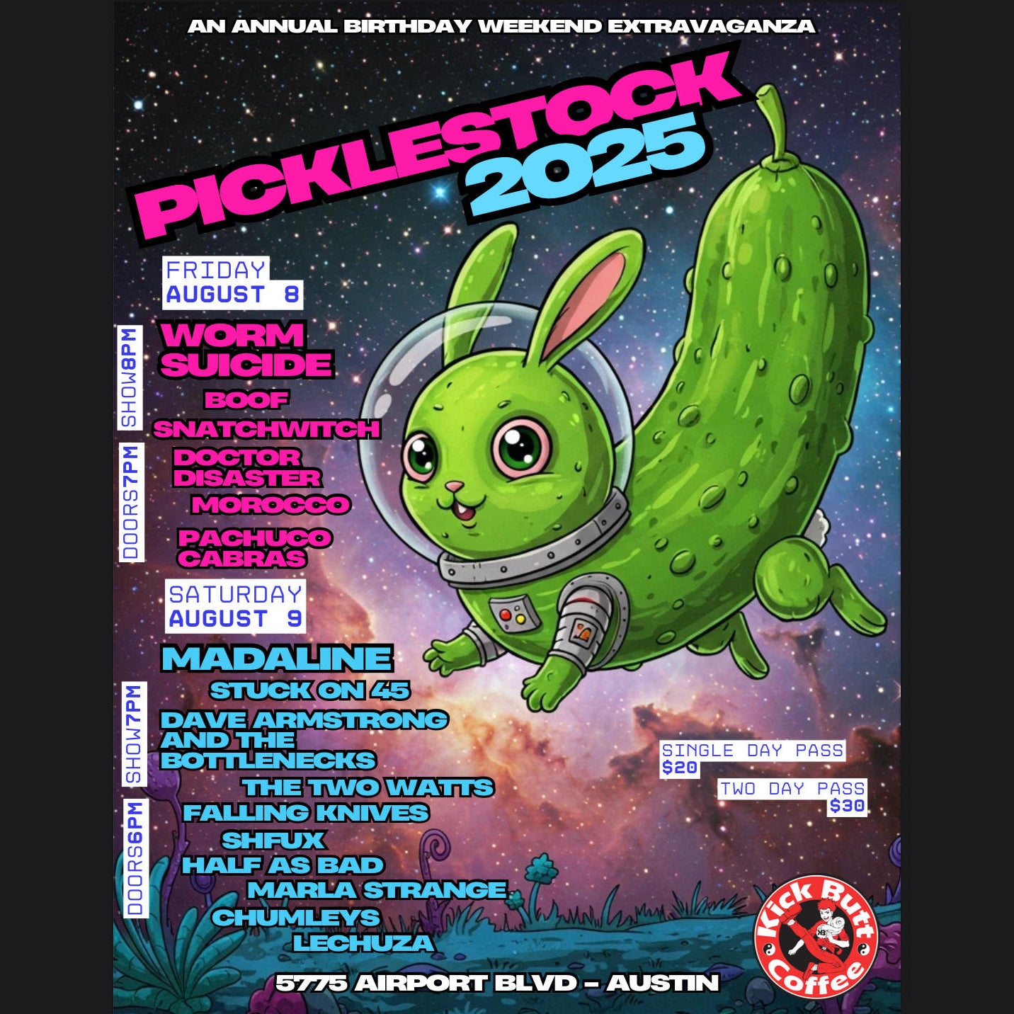 Promotional poster for Picklestock 2025 with a cartoon pickle rabbit and event details.