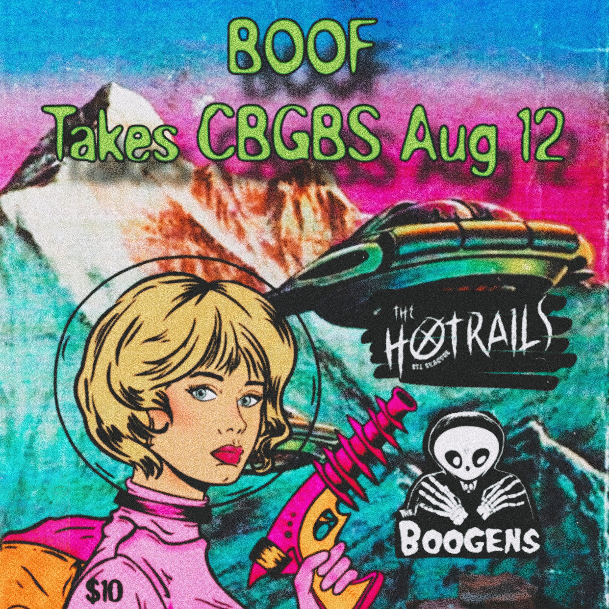 Promotional poster for an event featuring 'Boof Takes CBGBs Aug 12' with a stylized illustration of a woman holding a guitar.