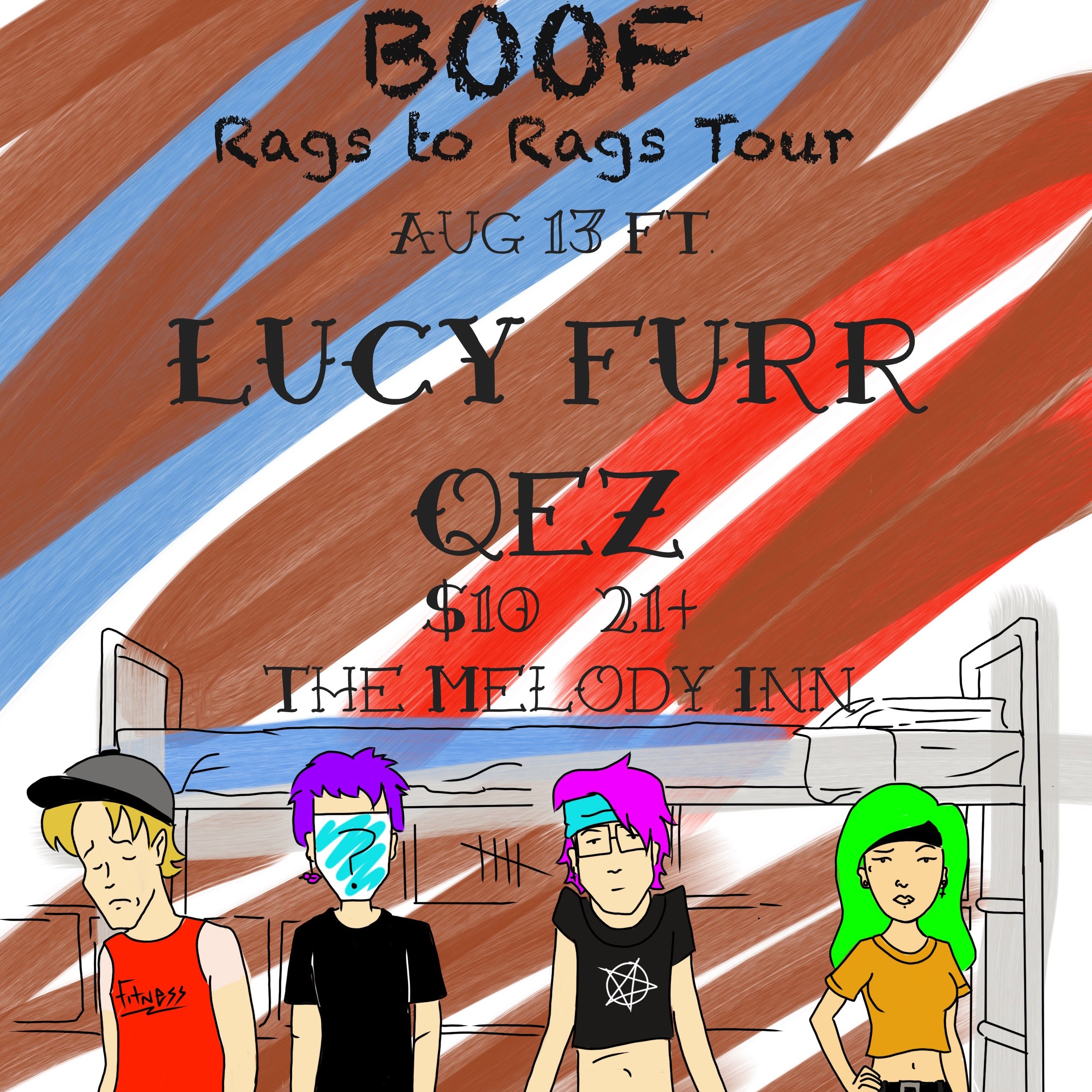 Promotional poster for a music tour featuring BOOF, LUCY FURR, and QEZ at The Melody Inn.