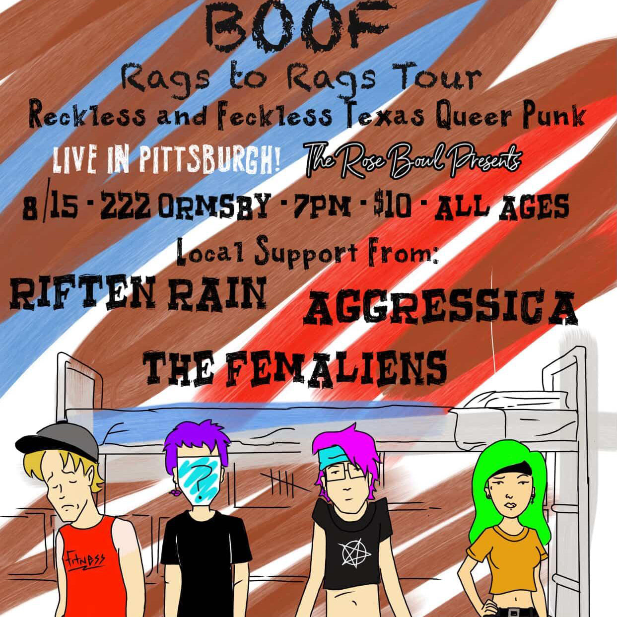 Promotional poster for a punk rock concert featuring Aggressica, The Femaliens, and other bands with colorful text and band member illustrations.