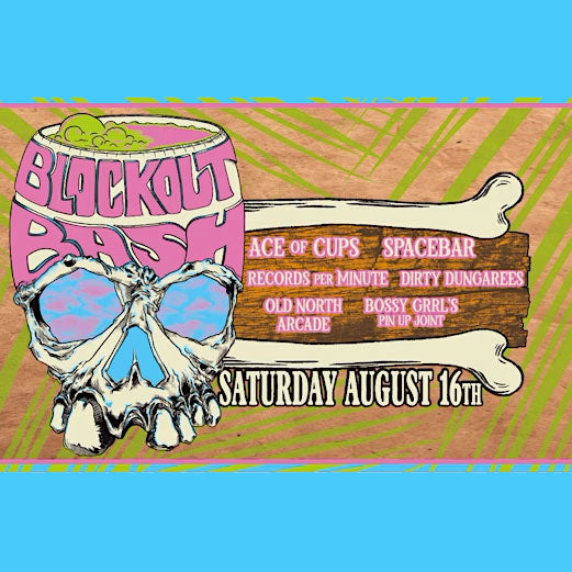 Promotional poster for a music event with a skull, barrel, and text on a colorful background.