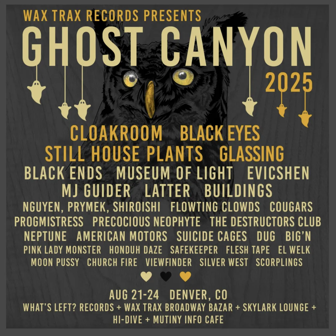 Promotional poster for Wax Trax Records' Ghost Canyon 2025 event featuring an owl and a list of bands.
