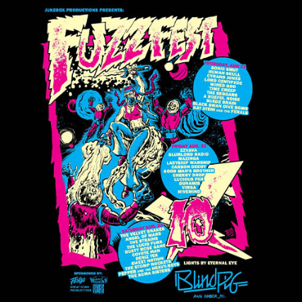 Colorful album cover with text and graphics on a black background