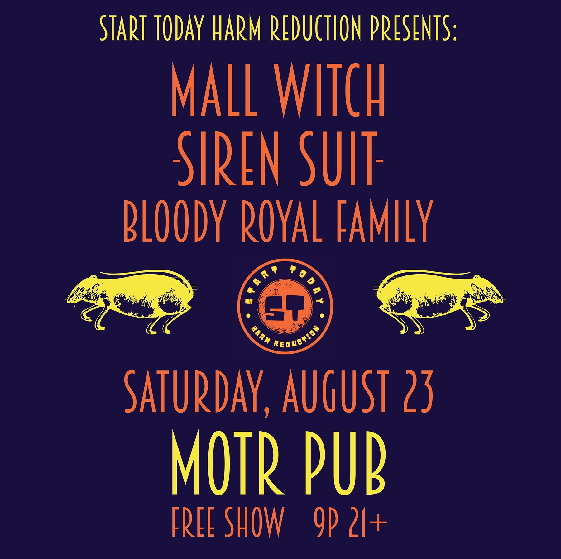 Promotional poster for a music event featuring Mall Witch, Siren Suit, and Bloody Royal Family at Motr Pub.