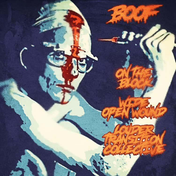 T-shirt with graphic design of a person with a gun and text on a dark background