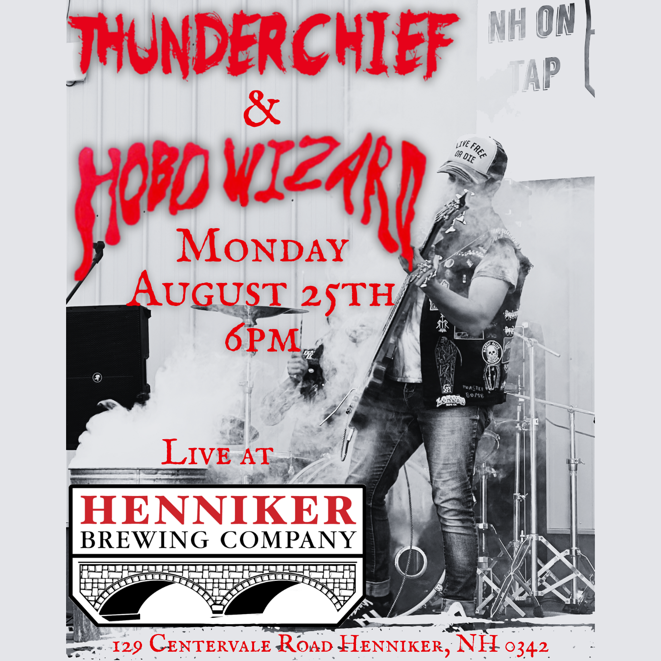Promotional poster for a live event featuring Thunderchief & Hobo Wizard at Henniker Brewing Company.