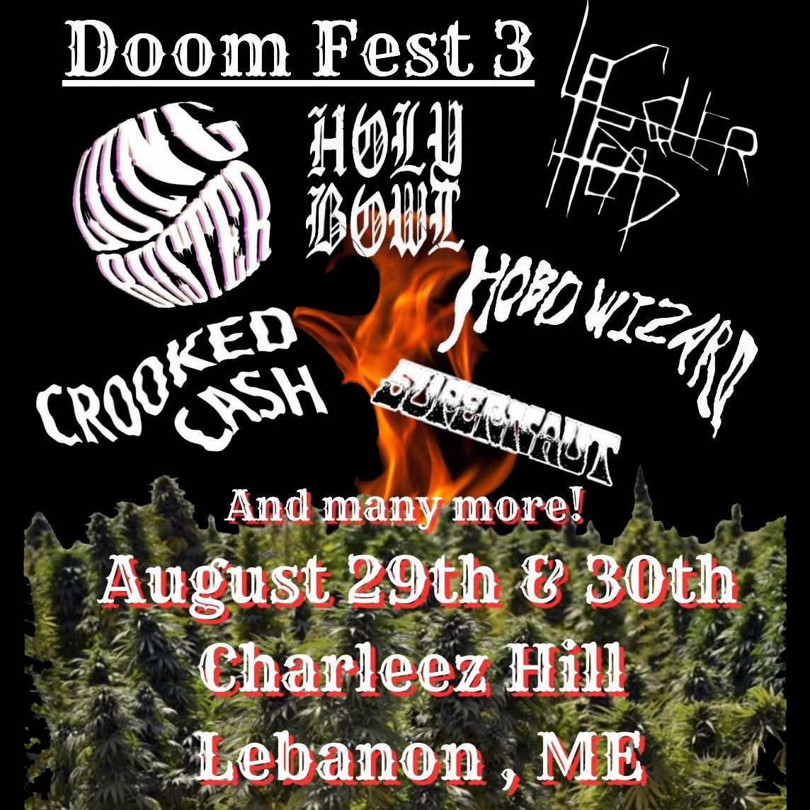 Promotional poster for Doom Fest 3 with band names and event details.
