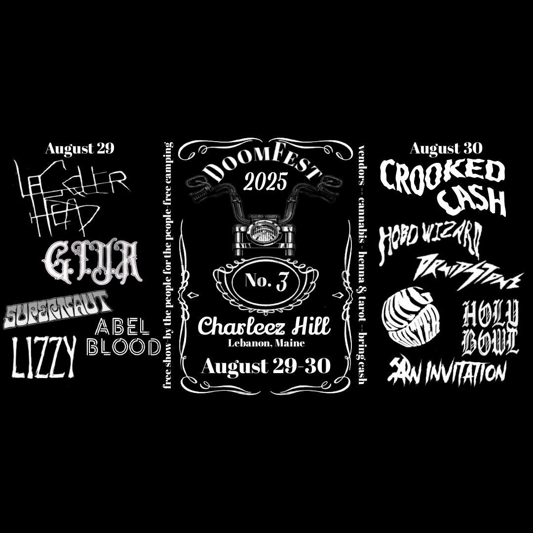 Black and white graphic with text and a motorcycle design, featuring event details and band names.