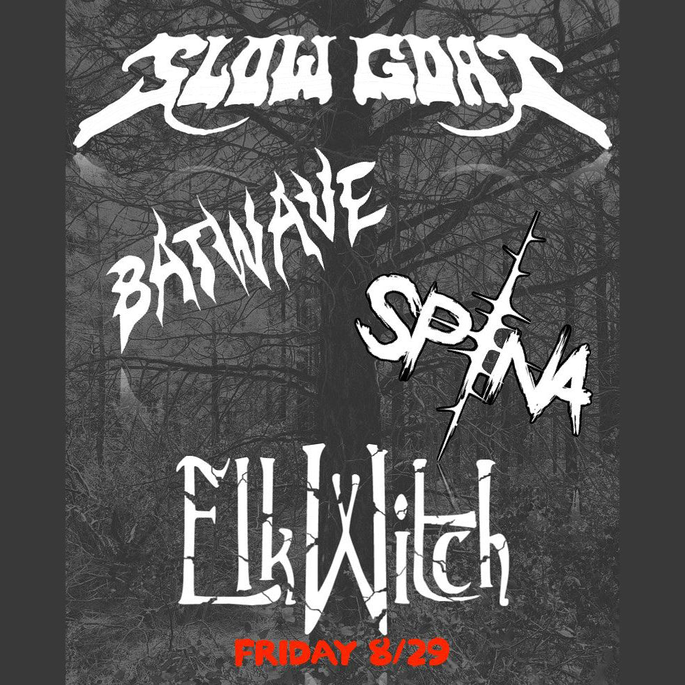 Black and white graphic with band names and event details on a dark background