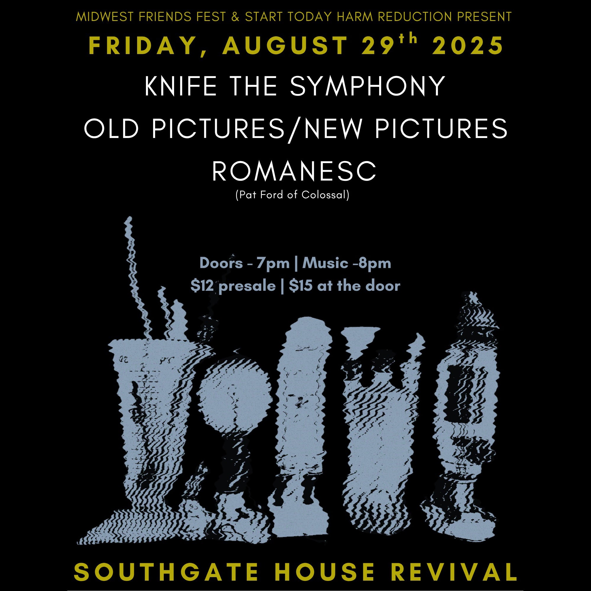 Promotional poster for a music event featuring Knife the Symphony, Old Pictures/New Pictures, and Romanesc on August 29, 2025.