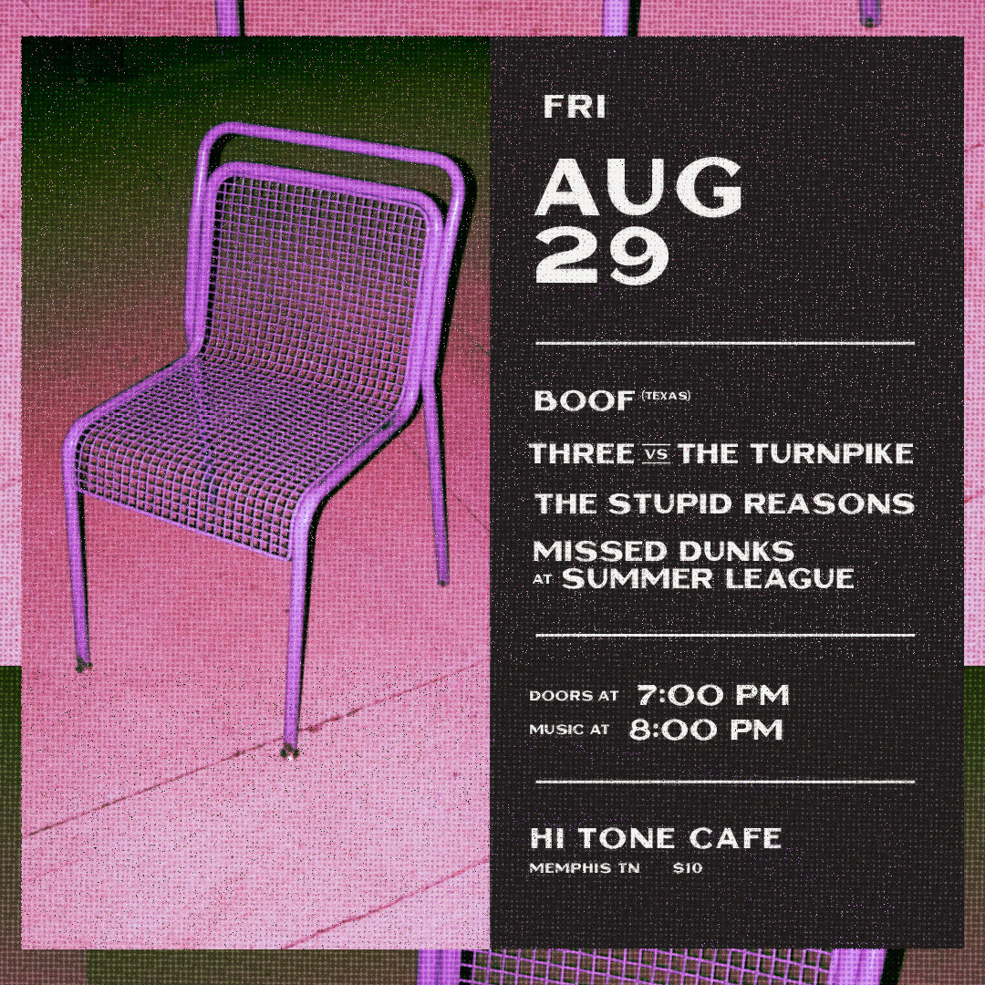 Promotional poster for an event with a purple chair on a pink and green gradient background
