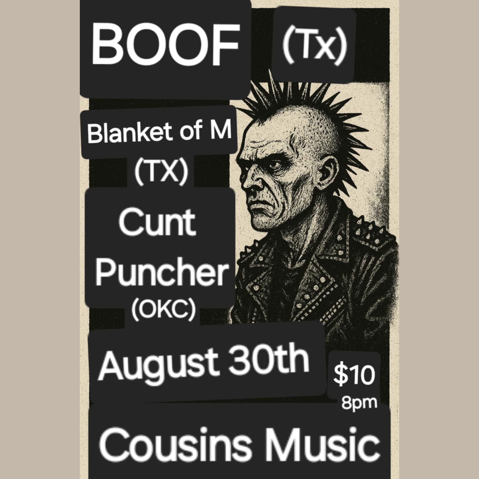 Promotional poster for a music event featuring 'BOOF' and 'Blanket of M' at 'Cousins Music'.