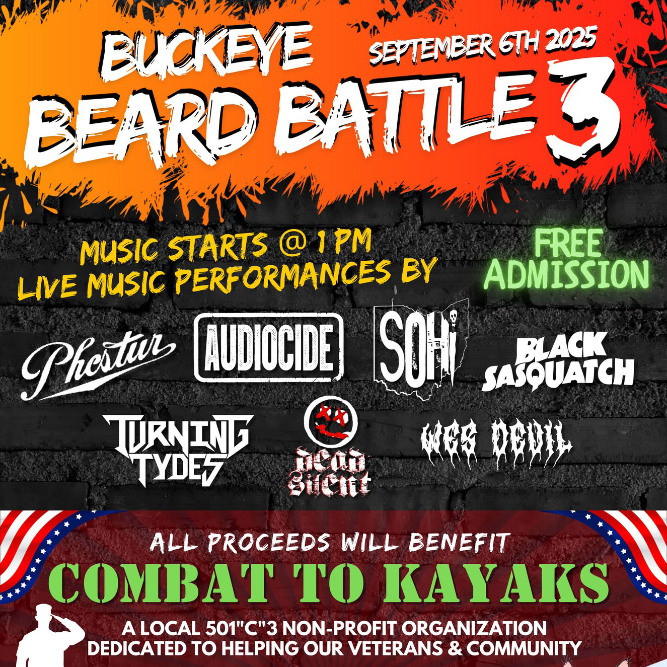 Promotional poster for Buckeye Beard Battle 3 with event details and band logos.