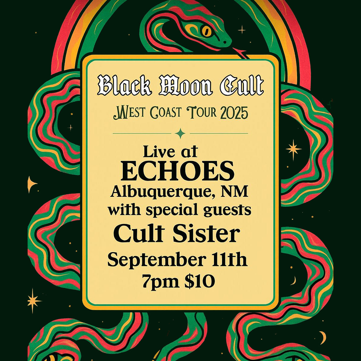 Promotional poster for Black Moon Cult West Coast Tour 2025 with snake design elements.