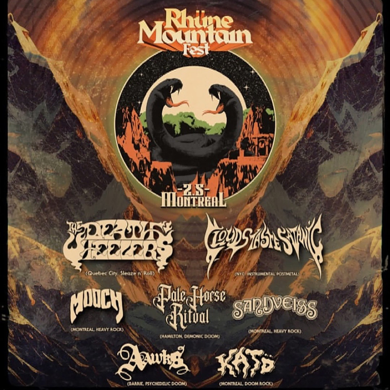 Promotional poster for Rhéne Mountain Fest featuring band names and a mountainous landscape.