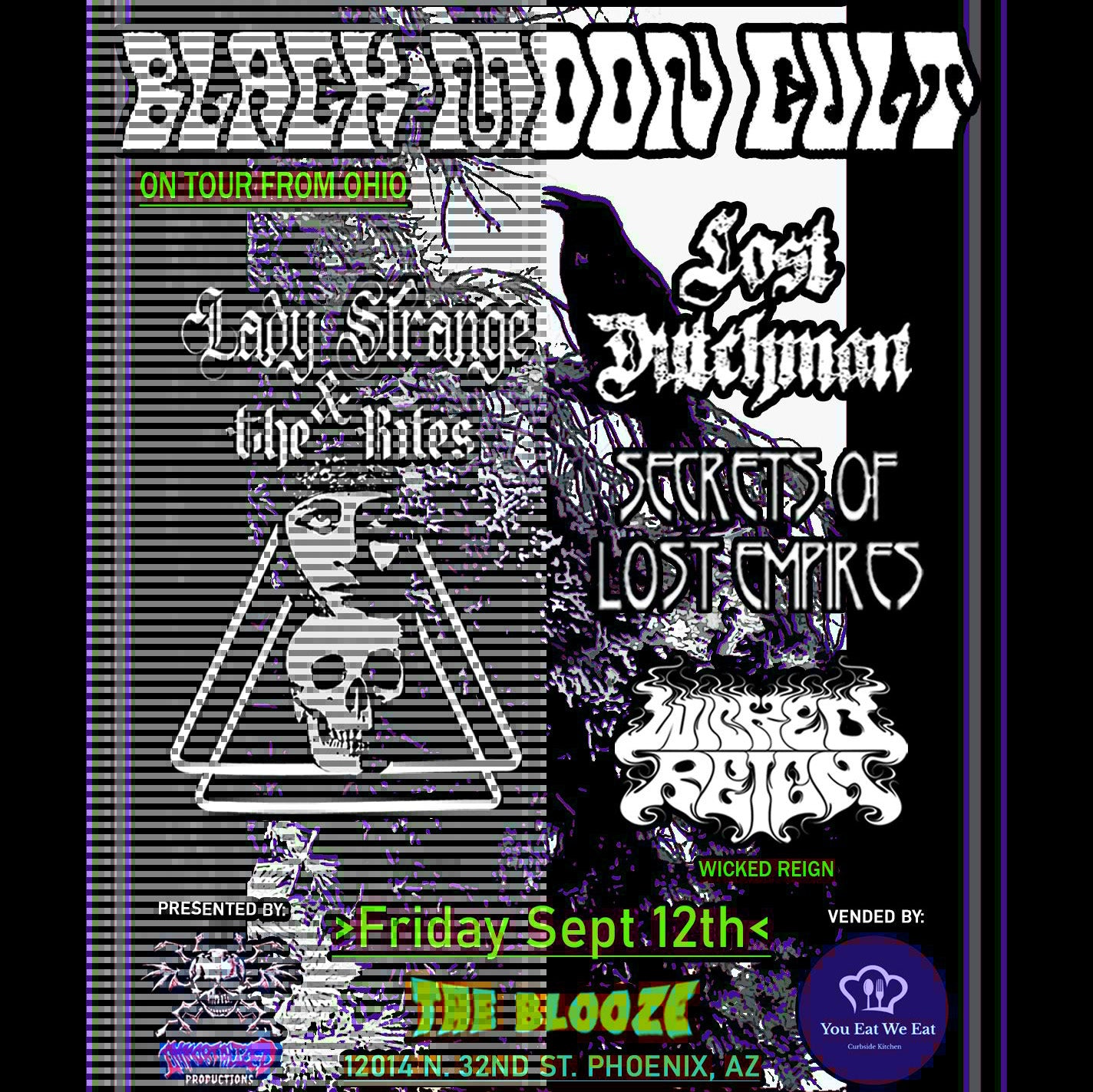 Promotional poster for a music event featuring bands like Blackened Cult, Lost Witchman, and Wicked Reign.