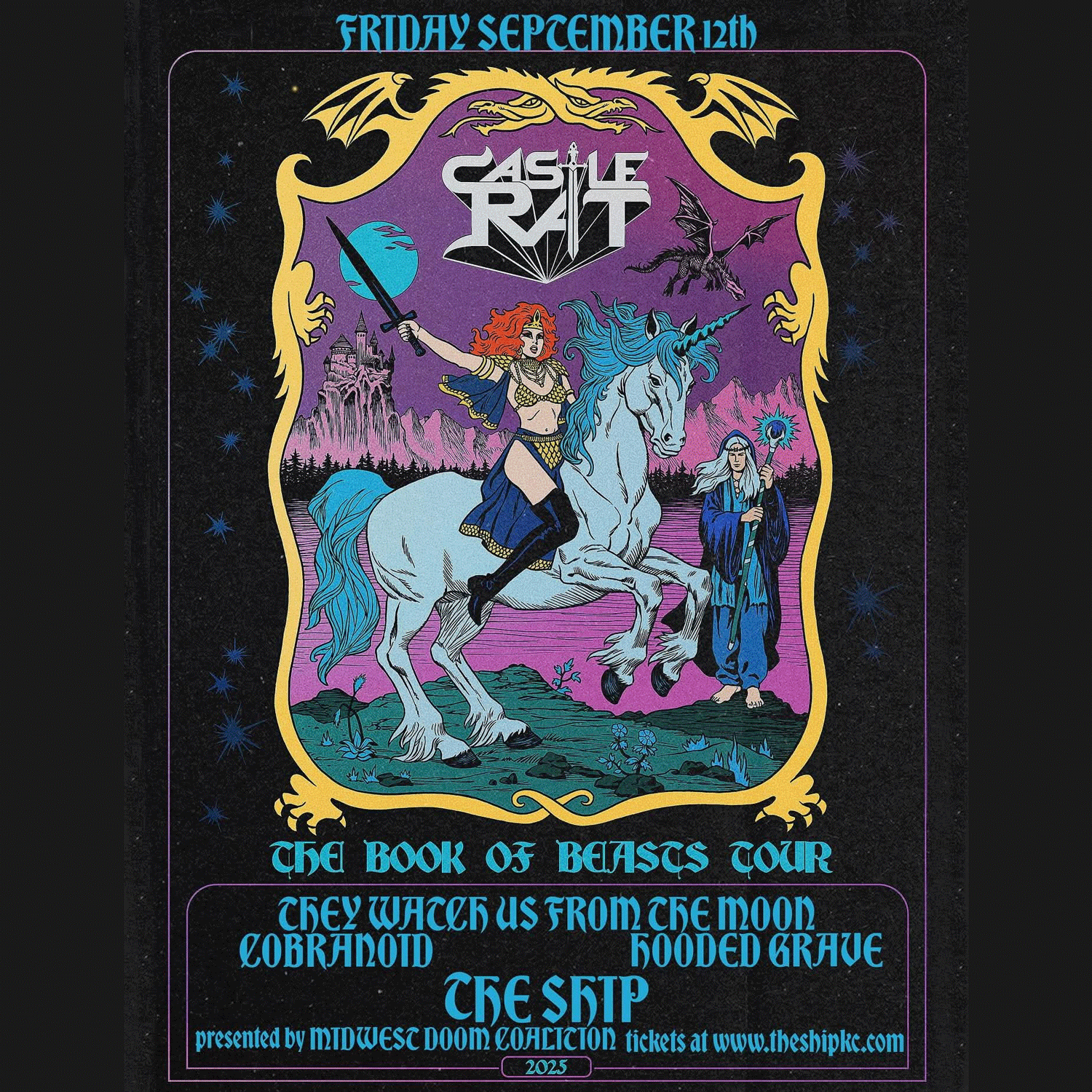 Promotional poster for 'Castle Ratt' featuring a woman on a unicorn with text about a tour.