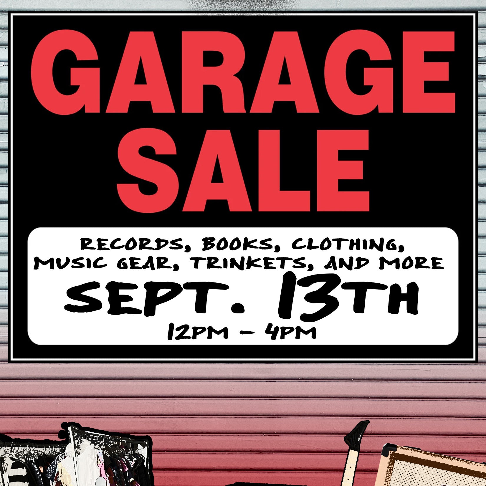 Garage sale sign with details on a pink wall.