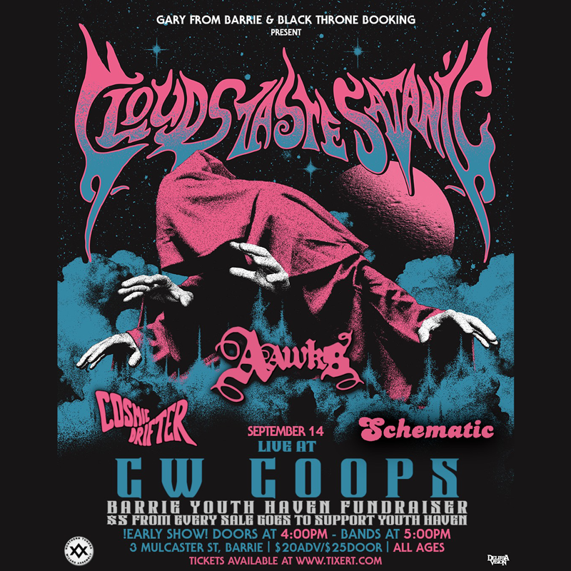 Promotional poster for a music event featuring 'Loud as Satanic' and 'Daws' with a dark and colorful design.