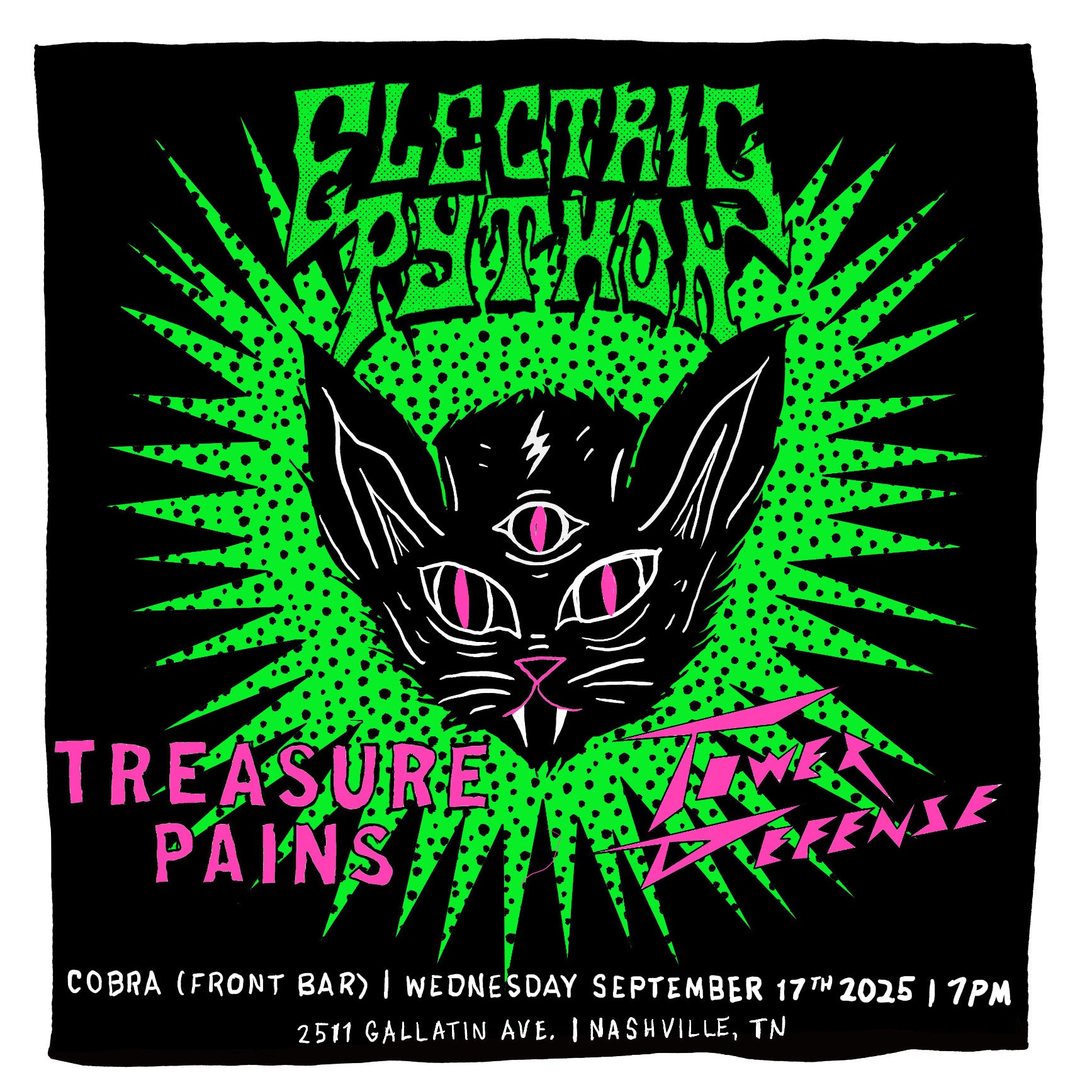 Promotional poster for an event featuring a black cat with green and pink text on a black background.