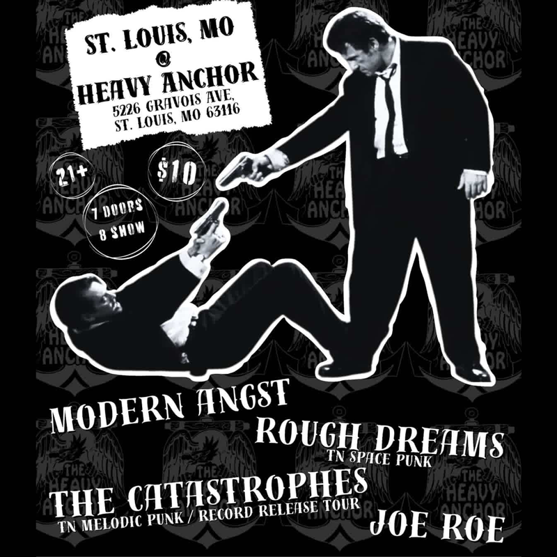 Black and white poster for a music event featuring two people and text about bands and a release tour.