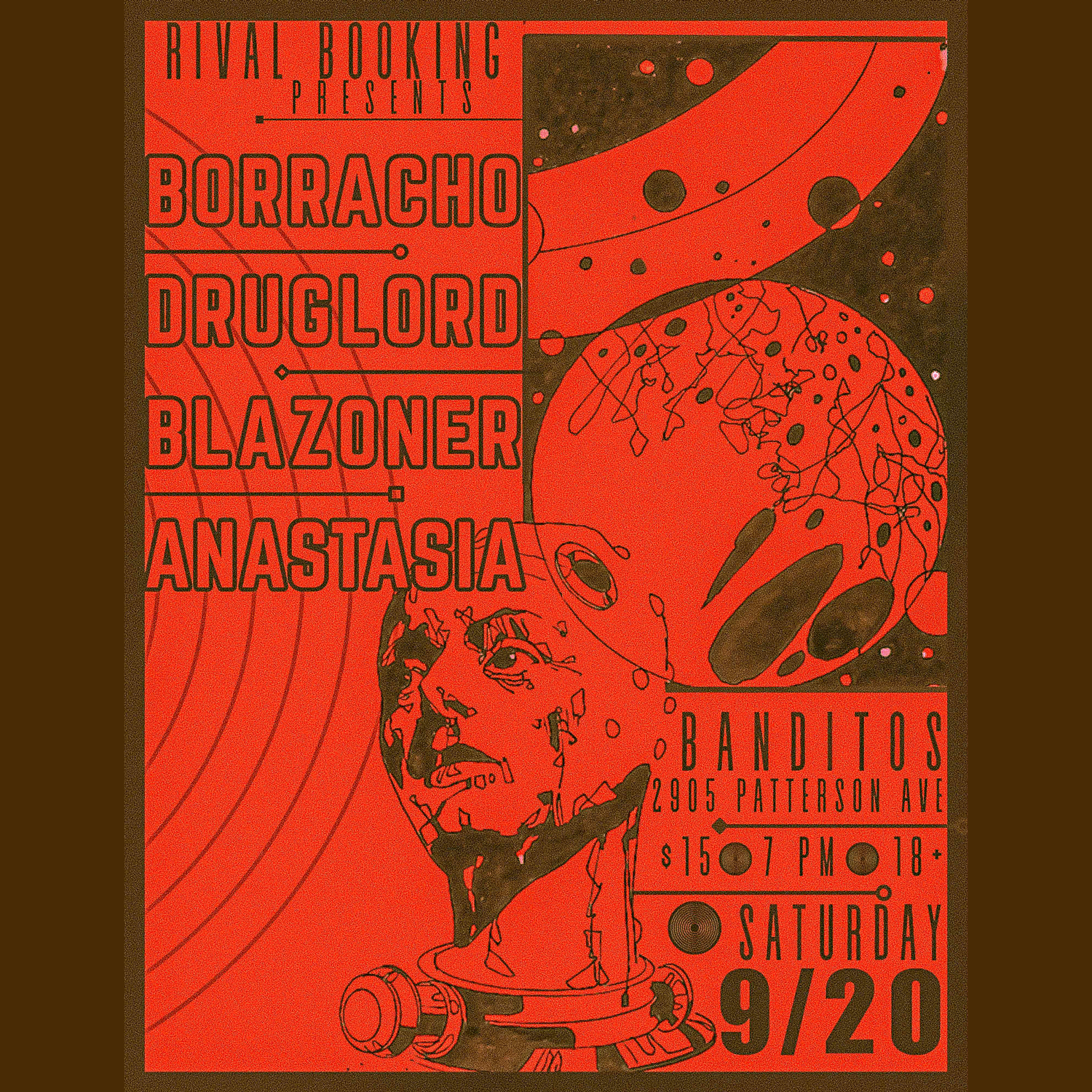 Promotional poster for a music event featuring Borracho, Druglord, Blazoner, and Anastasia at Banditos.