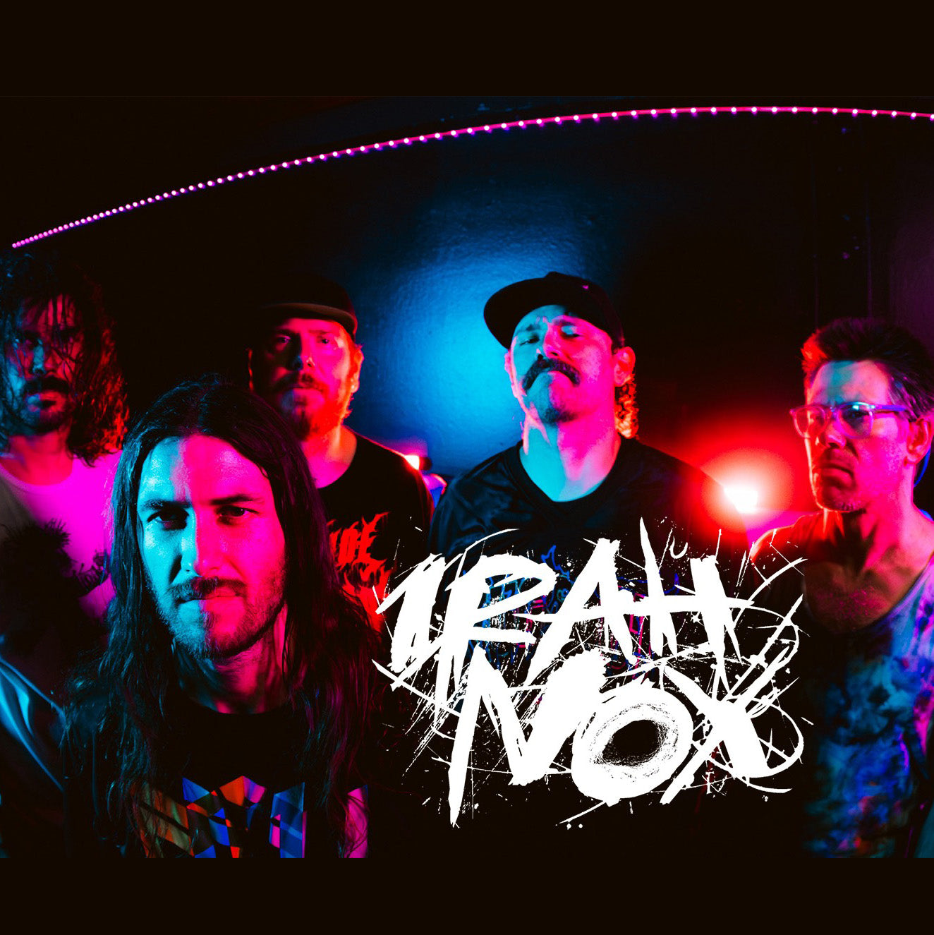 Group of people with colorful lighting and 'Urath Nox' text overlay
