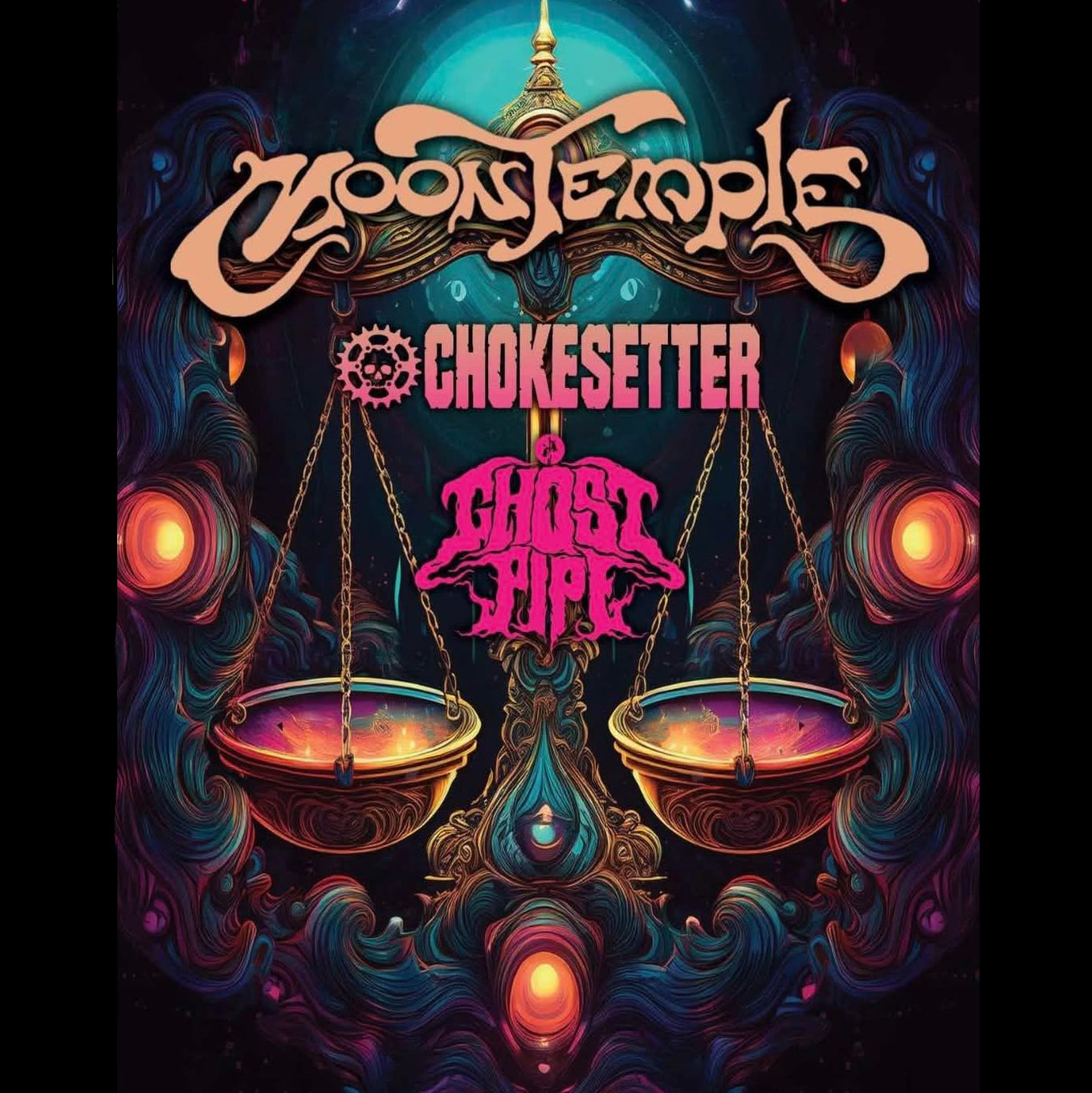 Album cover with 'Moon Temple', 'Chokesetter', and 'Ghost Dipe' text against a dark, colorful background.