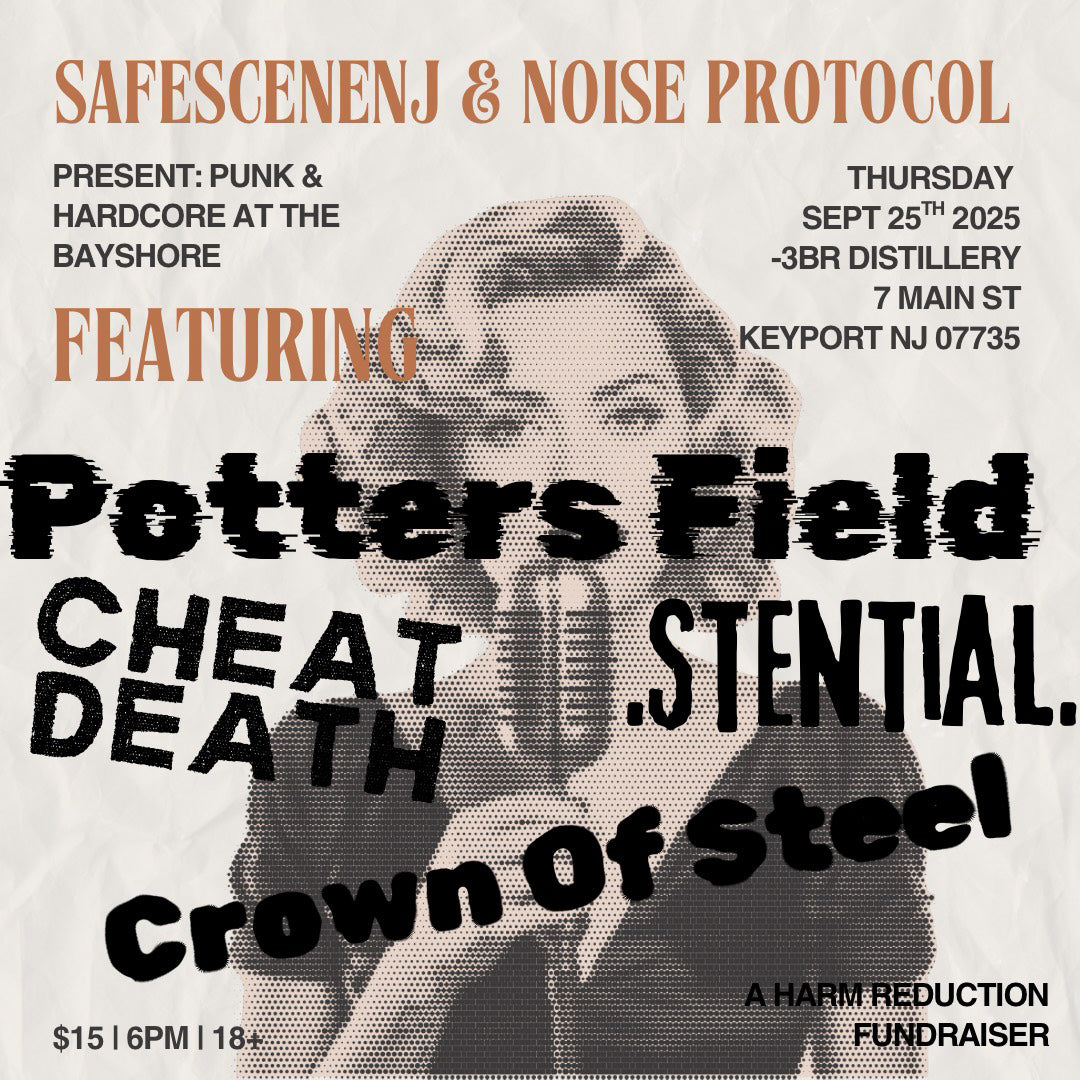 Promotional poster for a punk and hardcore event featuring Potters Field, Cheat Death, .STENTIAL, and Crown of Steel.