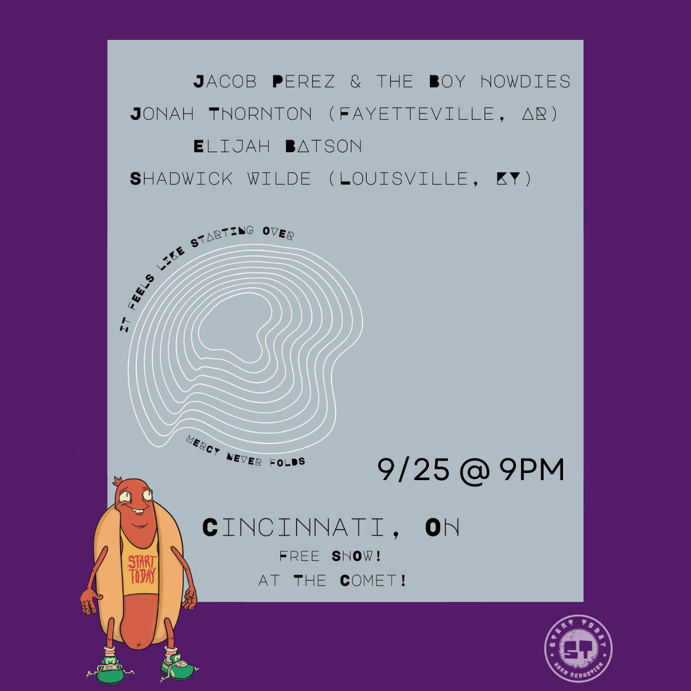 Promotional poster for a concert featuring a cartoon character on a purple background