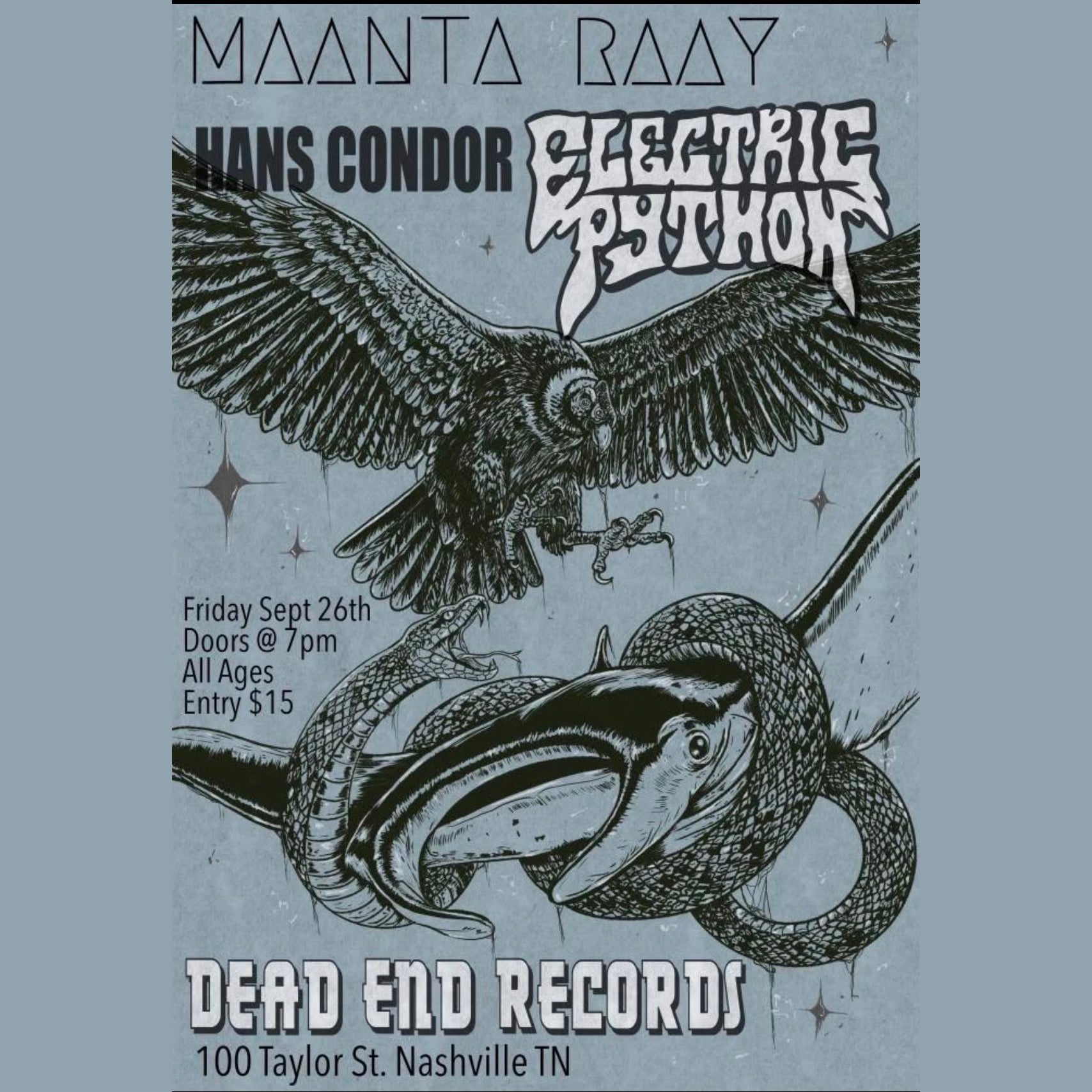 Promotional poster for a concert featuring an eagle and electric python illustration on a gray background.